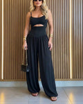 ChicMeLive Women's Cut-out Waist Cami Jumpsuit Backless Tie-Back Lantern Romper Ruched High Waist Summer Jumpsuit