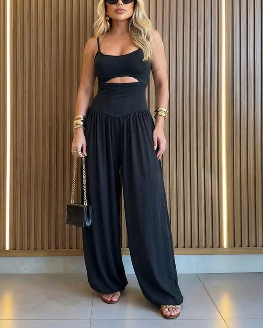 ChicMeLive Women's Cut-out Waist Cami Jumpsuit Backless Tie-Back Lantern Romper Ruched High Waist Summer Jumpsuit