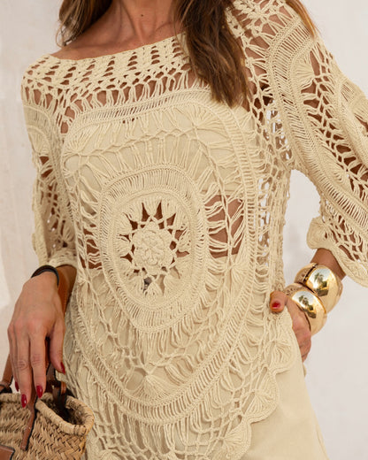 Boat Neck Batwing Sleeve Hollow-out Casual Top Asymmetrical Scallop Hem Crochet Pattern Cover Up