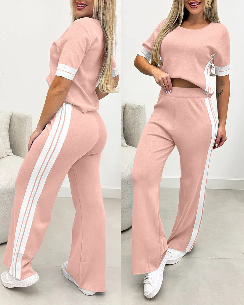 Women's Contrast Stripe 2 Piece Knit Outfits Short Sleeve Crewneck Top and Wide Leg Pants Set Casual Loungewear