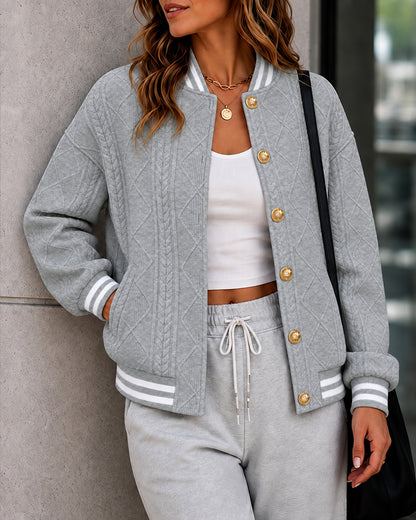 CHICMELIVE Women's Cable Knit Bomber Jacket Casual Button Down Cardigan