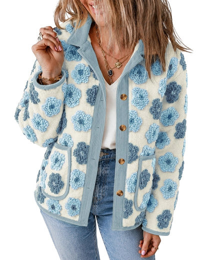 CHICMELIVE Women's Soft Floral Sherpa Jacket Corduroy Button Down Coat