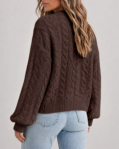 Women's Cable Knit Cardigan V Neck Button Down Chunky Knit Sweater Loose Lantern Sleeve Warm Outerwear