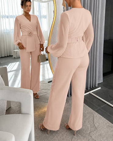 Women's 2 Piece Outfits Blazer Set Wrap V Neck Lantern Sleeve Top and High Waisted Straight Pants with Belt