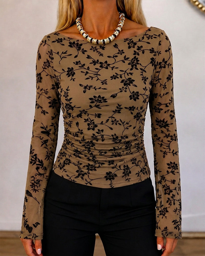Couture Women's Bell Sleeve Floral Mesh Top