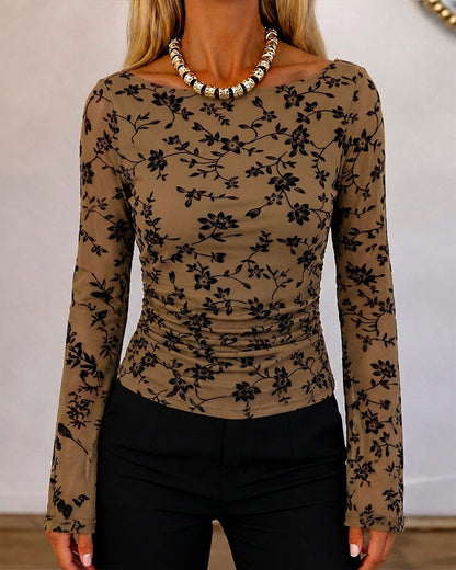 Couture Women's Bell Sleeve Floral Mesh Top