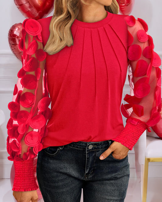 3D Polka Dot Appliques Mesh Long Sleeve Blouse Casual Shirred Cuffs Seam Front Top