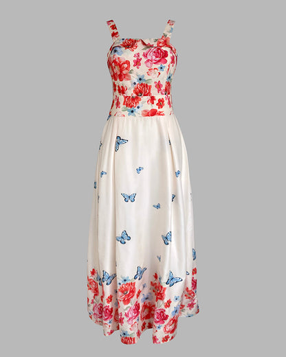 Women's Floral Butterfly Placement Print Cami Dress Shirred Back Sleeveless Vacation Sundress Casual Beach Maxi Dress