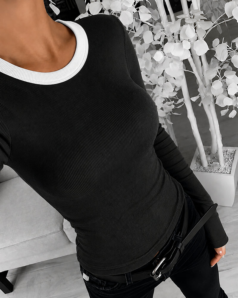 CHICMELIVE Women's Ribbed Long Sleeve Shirts Contrast Crewneck Fitted Basic Tee