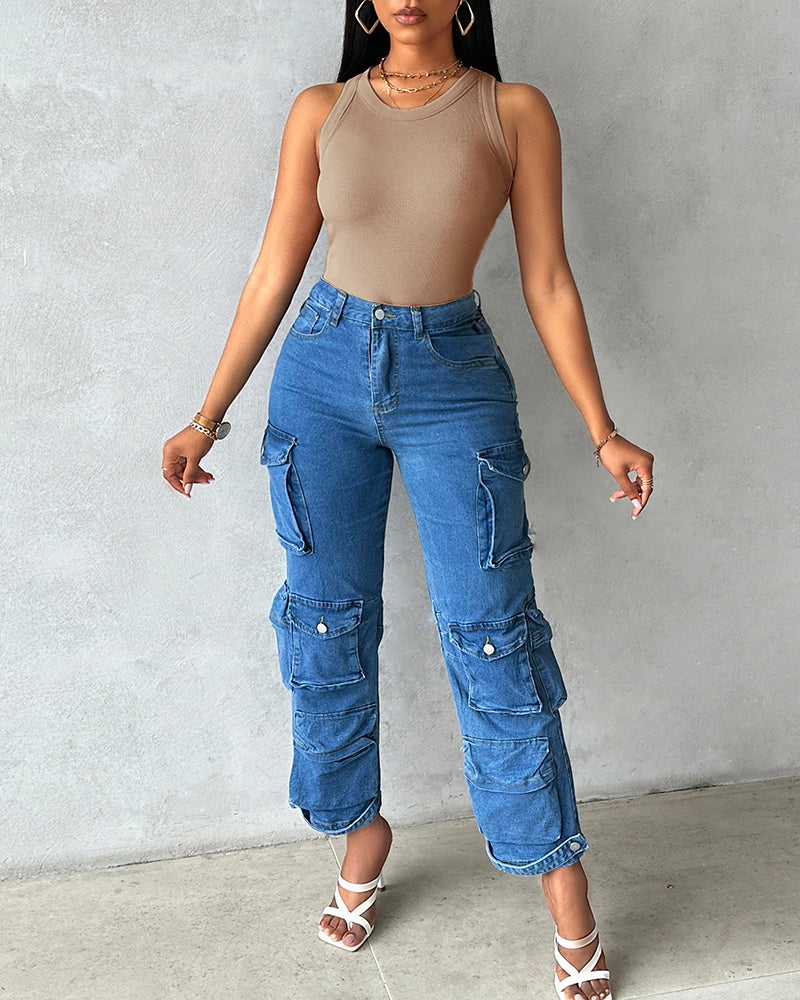 ChicMeLive Built-in Bra Ribbed Round Neck Tank Top