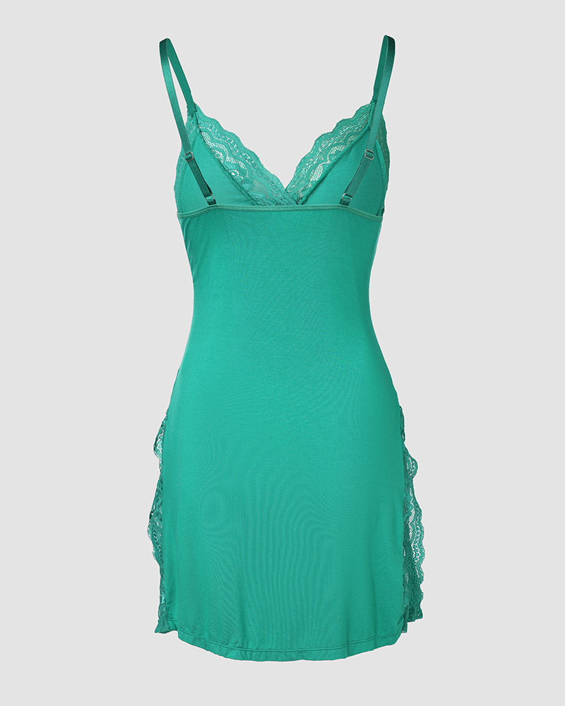 Lace Trim Adjustable straps Side Slit Bowknot Decor Modal Cami Sleep Dress