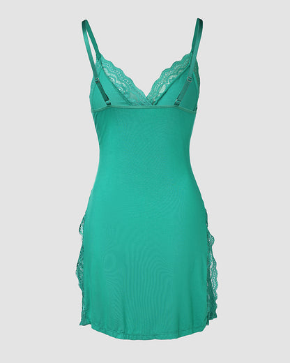 Lace Trim Adjustable straps Side Slit Bowknot Decor Modal Cami Sleep Dress