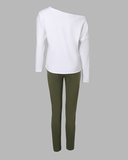 2 Pieces Outfit NOPE. not today Slogan Print Skew Neck Long Sleeve Pullover Top and Casual Drawstring Stretchy Waist Slim Fit Pants Set