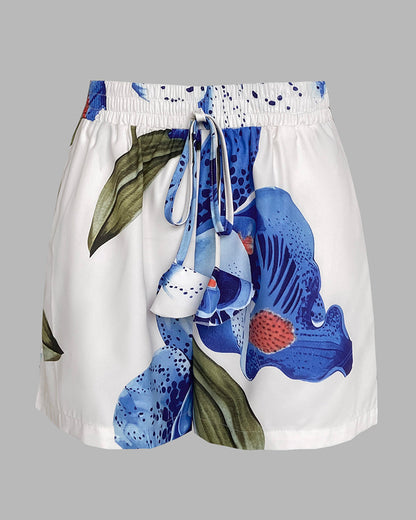 2 Pieces Outfit Floral Print Halter Slit Long Top and Casual Drawstring Shorts Set with Pockets