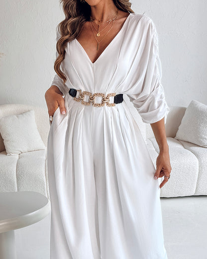 Deep V-Neck Ruched Three Quarters Sleeve Backless Overalls Casual Waist-Gathered Tied Detail Jumpsuit without Belt