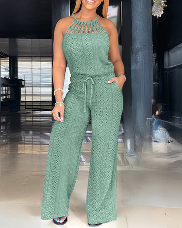 ChicMeLive Women's Halter Tie Knit Jacquard Jumpsuit Hollow-Out Criss-Cross Front Wide-Leg Romper with Adjustable Drawstring Waist