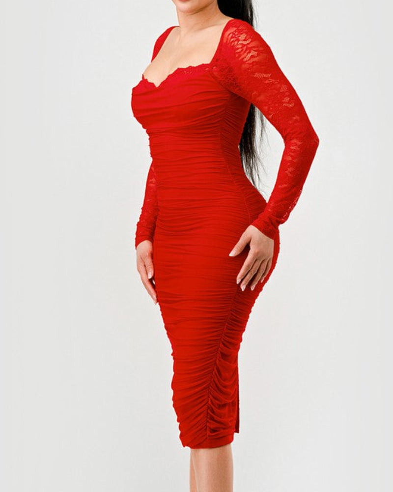 Lace Trim Square Neck Lace Long Sleeve Back Slit Bodycon Dress Zipper Back Backless Ruched Party Dress