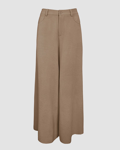 Skew Neck Lantern Sleeve Loose Top & Zipper Fly Wide Leg Pants Set without Belt