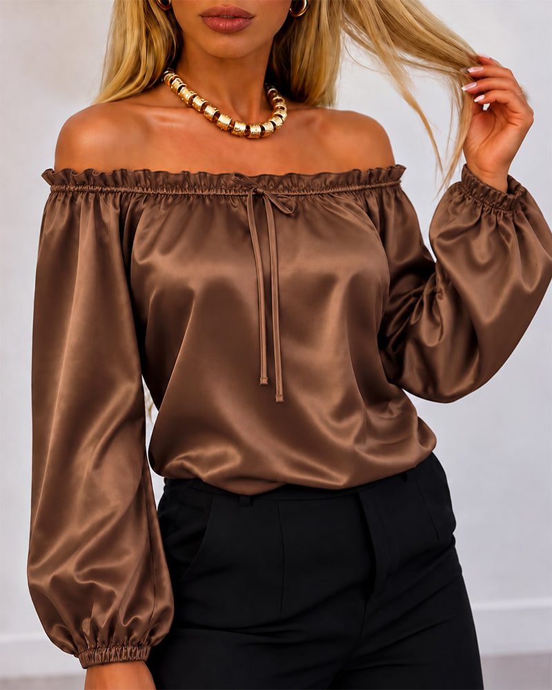 CHICMELIVE Off Shoulder Satin Tops Women Ruffle Tie Front Blouse