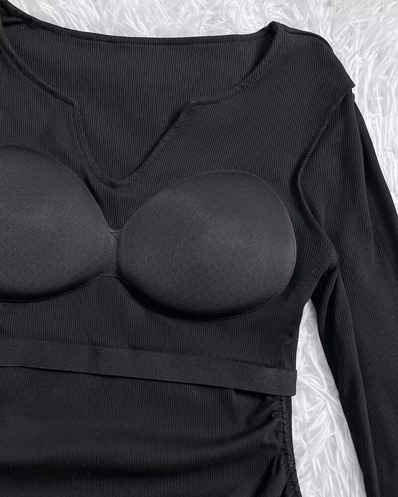 ChicMe Built-in Bra Notch Neck Long Sleeve Shirts Rib-Knit Ruched Waist Top
