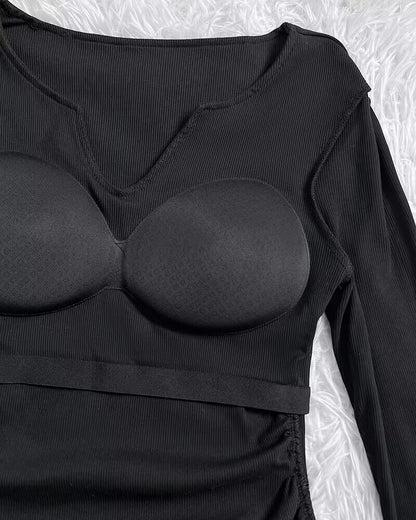 ChicMe Built-in Bra Notch Neck Long Sleeve Shirts Rib-Knit Ruched Waist Top