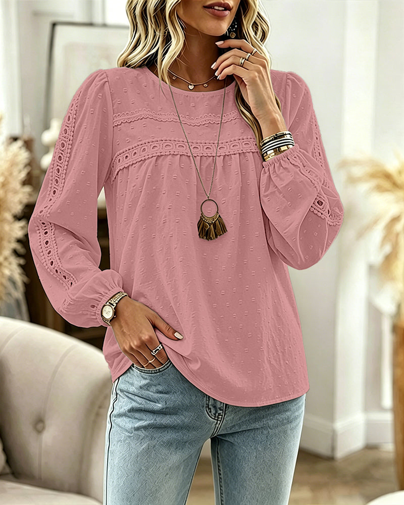 Women's Hollow-Out Lace Spliced Lantern Sleeve Top Elegant 3D Jacquard Chiffon Blouse for Work and Daily Wear