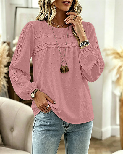 Women's Hollow-Out Lace Spliced Lantern Sleeve Top Elegant 3D Jacquard Chiffon Blouse for Work and Daily Wear