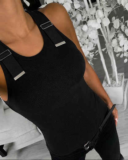 CHICMELIVE Women's Buckle Decor Ribbed Tank Tops Cami Shirts