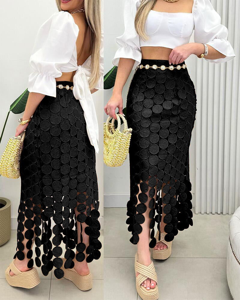 Women‘s Lace Tassel Trim Bodycon Skirt Hollow-Out Detail High Waist Pencil Skirt with Side Zipper