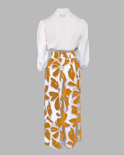 2 Pieces Outfit Wrap Plunge V Neck Crop Blouse and Casual Floral Print Wide Leg Pants Set