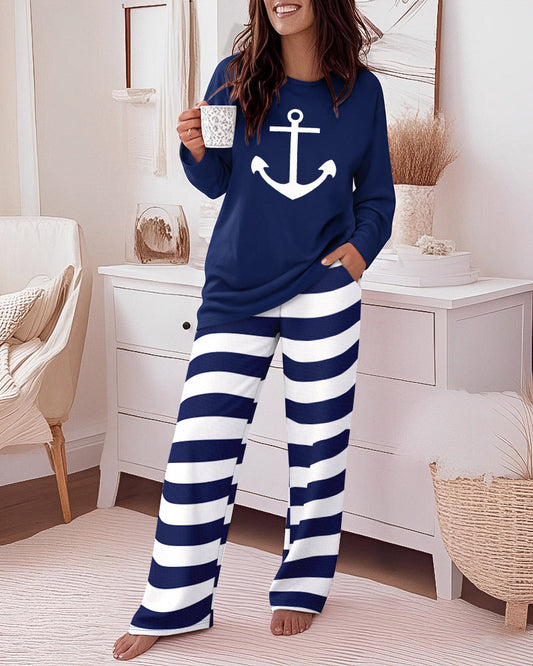 Women's 2 Piece Pajama Set Anchor Long Sleeve Top and Striped Wide Leg Pants Casual Lounge Set