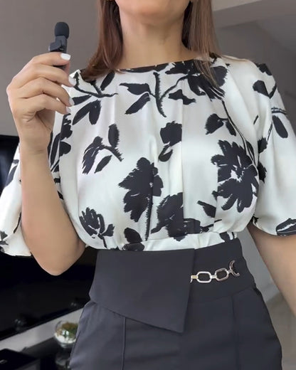 2 Pieces Outfit Floral Print Round Neck Bell Sleeve Satin Top and High Waist Wide Leg Work Pants Set