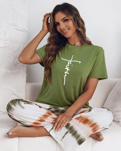 2 Pieces Outfit Letter print Round Neck Short Sleeve Top and Tie Dye Print Elastic Waist Loose Fit Pants Set Casual Pajamas Set
