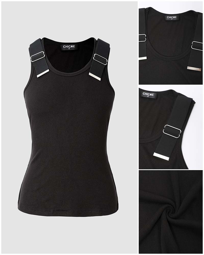 CHICMELIVE Women's Buckle Decor Ribbed Tank Tops Cami Shirts
