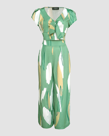 2 Pieces Outfit V Neck Petal Sleeve Tie Front Shirred Back Hem Crop Top and High Waist Elastic Back Waist Wide Leg Pants Set Casual Colorblock Abstract Print Set