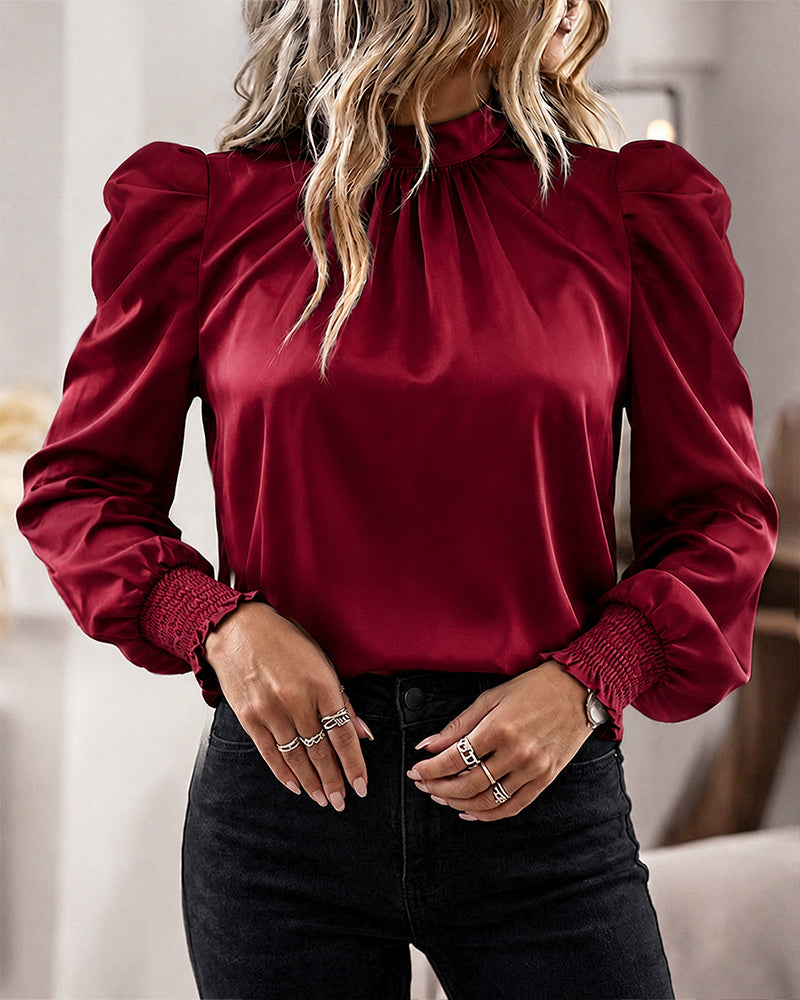 Women's Satin Blouse Mock Neck Puff Sleeve Shirt Back Tie Bow Elegant Ruched Shirt Shirred Frill Cuff Work Top