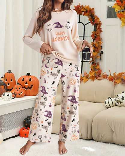 CHICMELIVE 2 Pieces Outfit HAPPY HALLOWEEN Slogan & Graphic Print Long Sleeve Top and Graphic Print Elastic Waist Pants Set Casual Pajamas Set