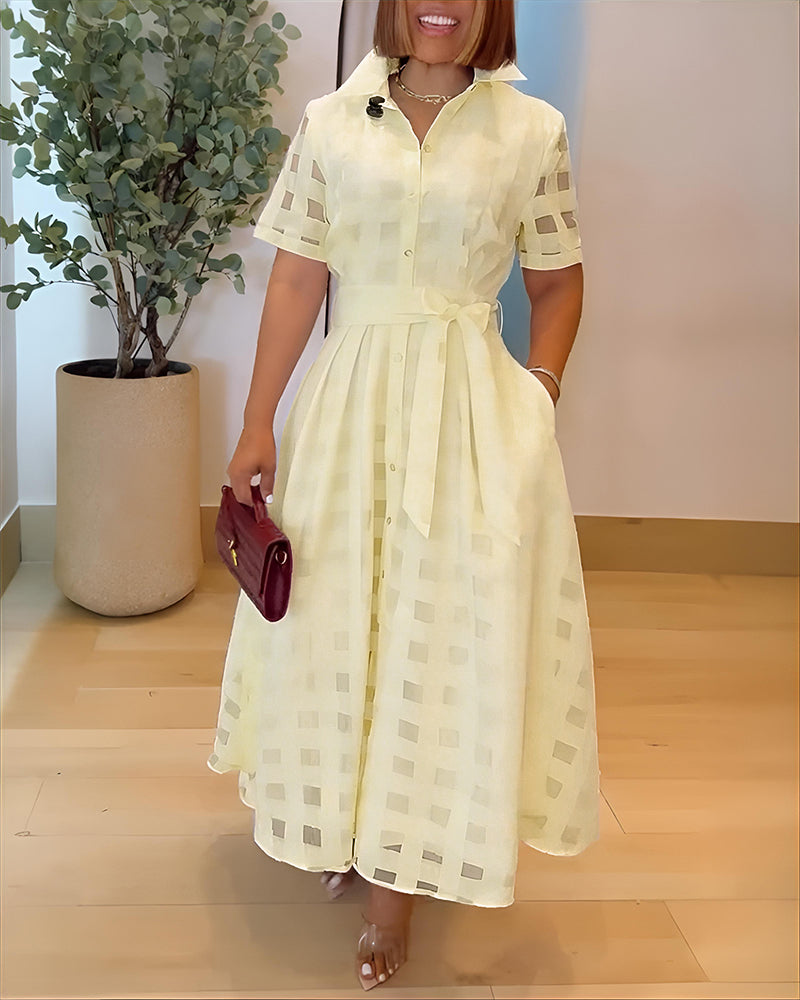 Turn-down Collar Plaid Mesh Double-Layered Cinched Waist Maxi Dress Button Down Bow Tie Waist Commuting Dress
