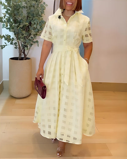 Turn-down Collar Plaid Mesh Double-Layered Cinched Waist Maxi Dress Button Down Bow Tie Waist Commuting Dress