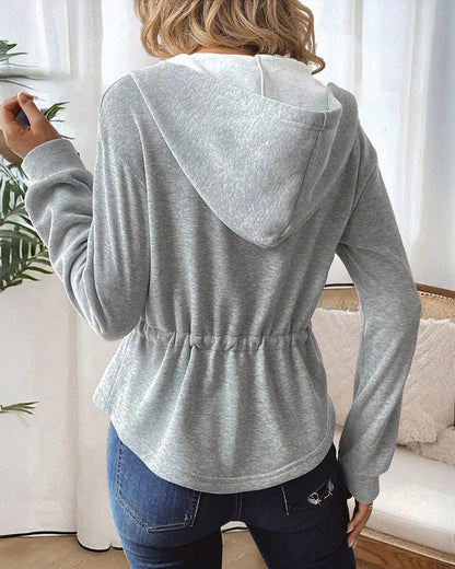 Women's Hooded Drawstring Waist Jacket Casual Zip Up Curved Hem Coat