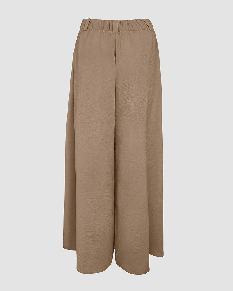Skew Neck Lantern Sleeve Loose Top & Zipper Fly Wide Leg Pants Set without Belt