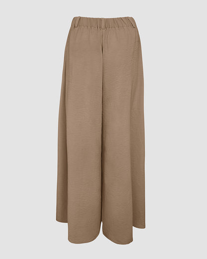Skew Neck Lantern Sleeve Loose Top & Zipper Fly Wide Leg Pants Set without Belt