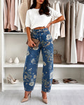 Women's Floral Printed Jeans High Waisted Barrel Denim Pants Vintage Relaxed Trousers