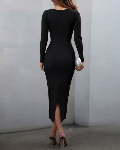 Women's Colorblock Midi Dress Square Neck Long Sleeve Bodycon Dress Elegant Back Slit Work Dress
