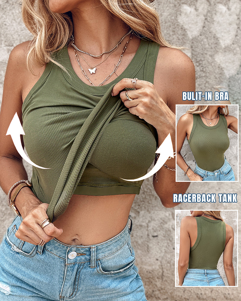 ChicMeLive Built-in Bra Ribbed Round Neck Tank Top