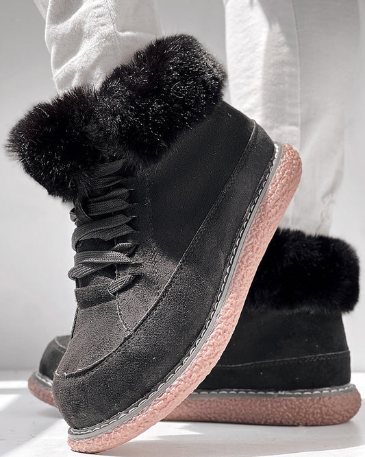 Fuzzy Detail Lined Lace-up Snow Boots