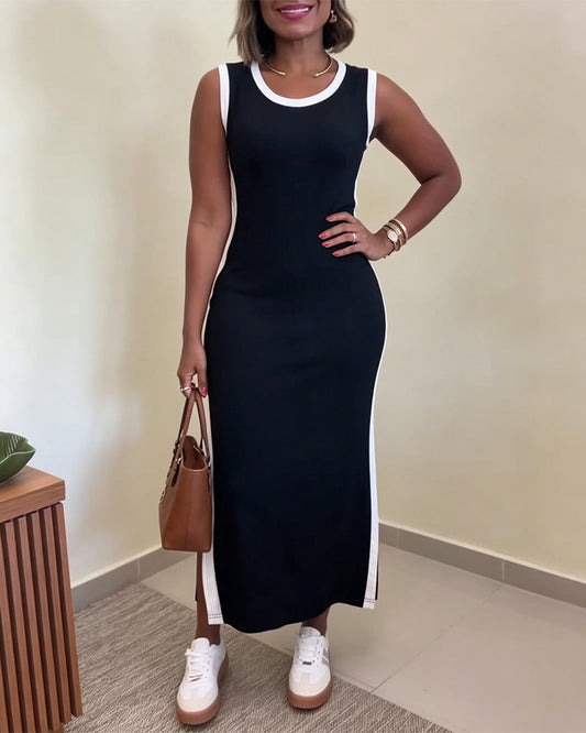 Women's Contrast Binding Tank Dress Slim Fit Sleeveless Maxi Dress Side Slit Casual Knit Sundress