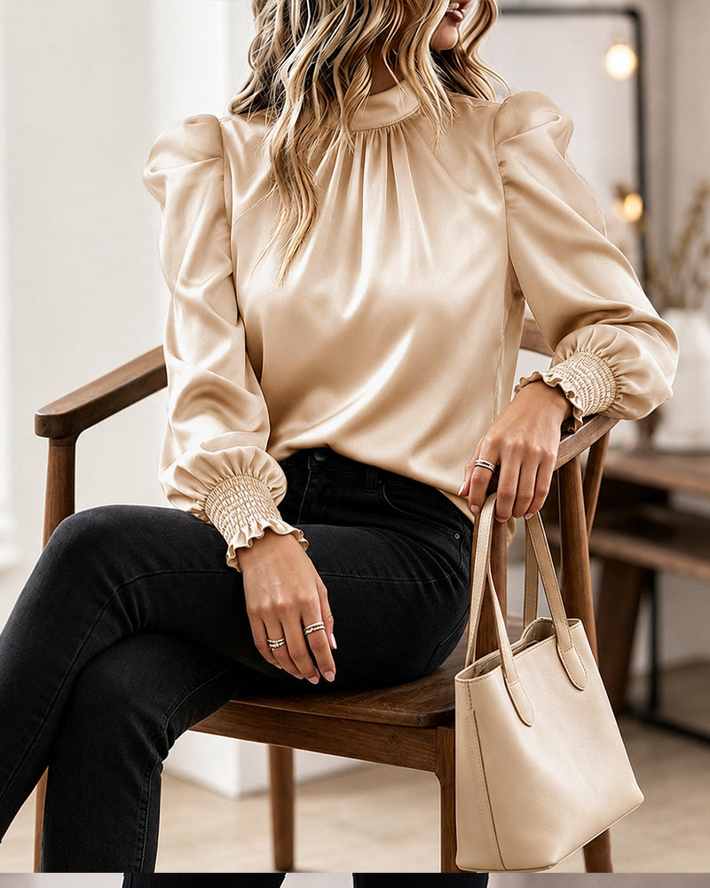 Women's Satin Blouse Mock Neck Puff Sleeve Shirt Back Tie Bow Elegant Ruched Shirt Shirred Frill Cuff Work Top