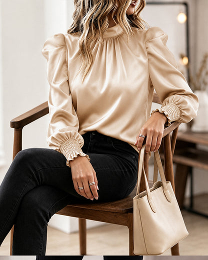 Women's Satin Blouse Mock Neck Puff Sleeve Shirt Back Tie Bow Elegant Ruched Shirt Shirred Frill Cuff Work Top