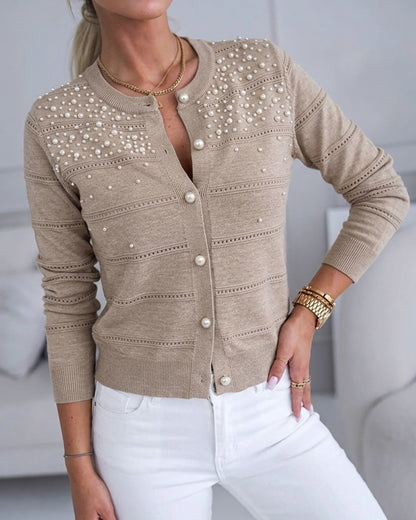 CHICMELIVE Womens Pearl Beaded Knit Cardigan Long Sleeve Cropped Sweater